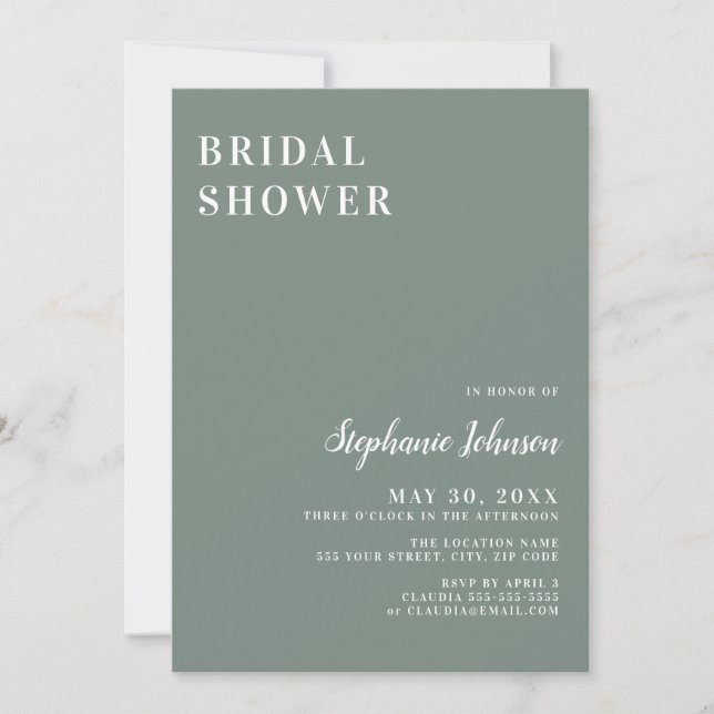 Minimalist Sage Green and White Bridal Shower      Invitation (Front)