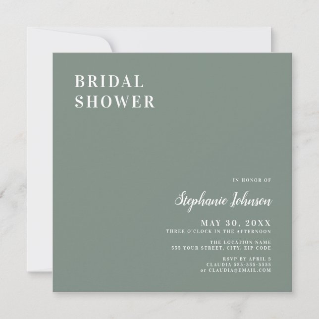 Minimalist Sage Green and White Bridal Shower      Invitation (Front)