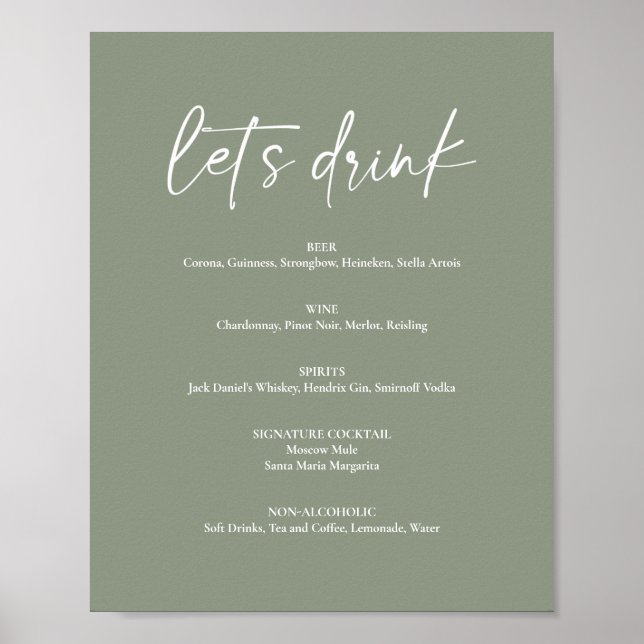 Minimalist Sage Green Boho Wedding Drink Bar Menu Poster (Front)