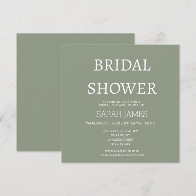 Minimalist Sage Green Bridal Shower Square  Invitation (Front/Back)
