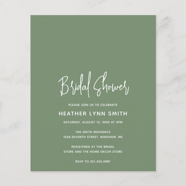 Minimalist Sage Green Budget Bridal Shower Invite (Front)
