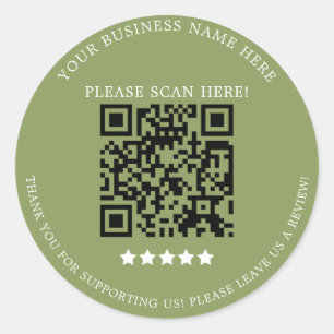 Minimalist Sage Green Business Name QR Code Classic Round Sticker