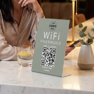 Minimalist Sage Green Business WiFi QR Code Logo  Pedestal Sign