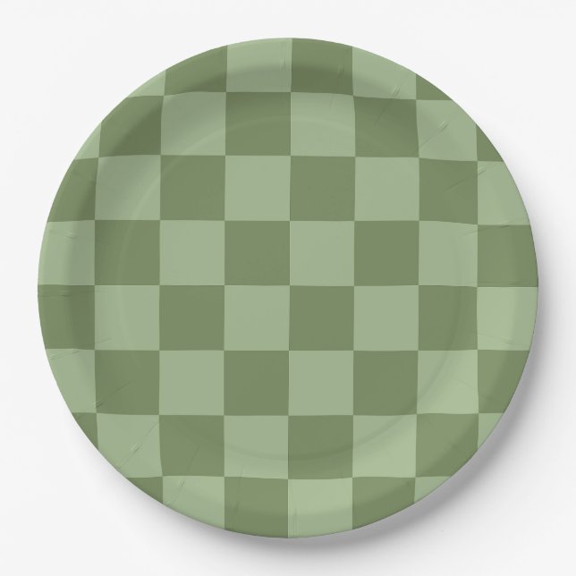 Minimalist Sage Green Chequerboard Pattern Paper Plate (Front)