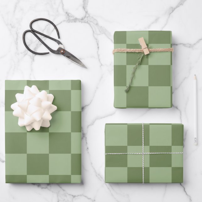 Minimalist Sage Green Chequerboard Pattern Wrapping Paper Sheet (Front)