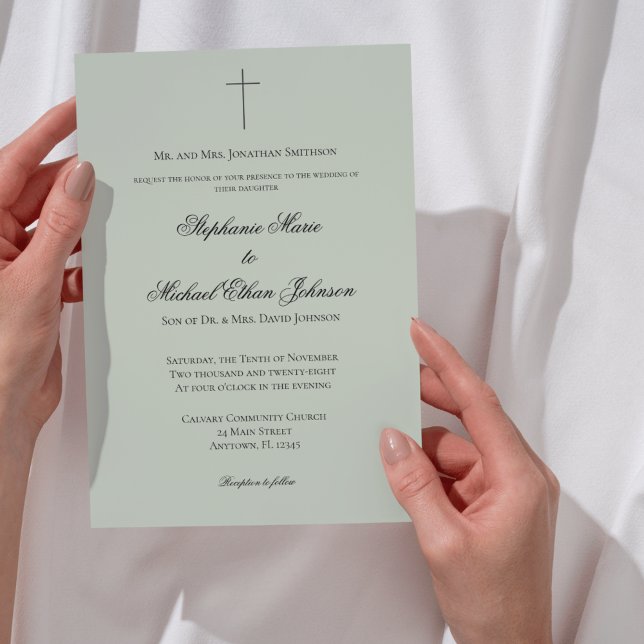 MINIMALIST Sage Green Cross Formal Wedding Invitation (MINIMALIST Sage Green Cross Formal Wedding Invitation)