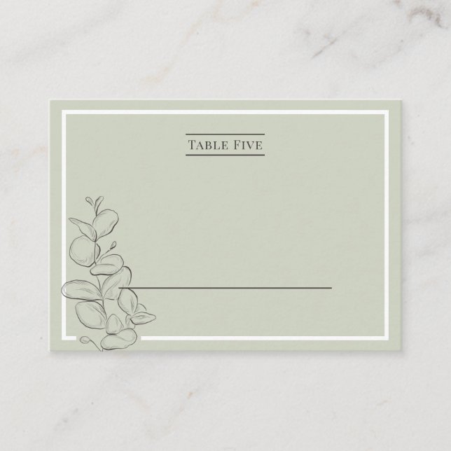 Minimalist sage green fine line eucalyptus wedding place card (Front)
