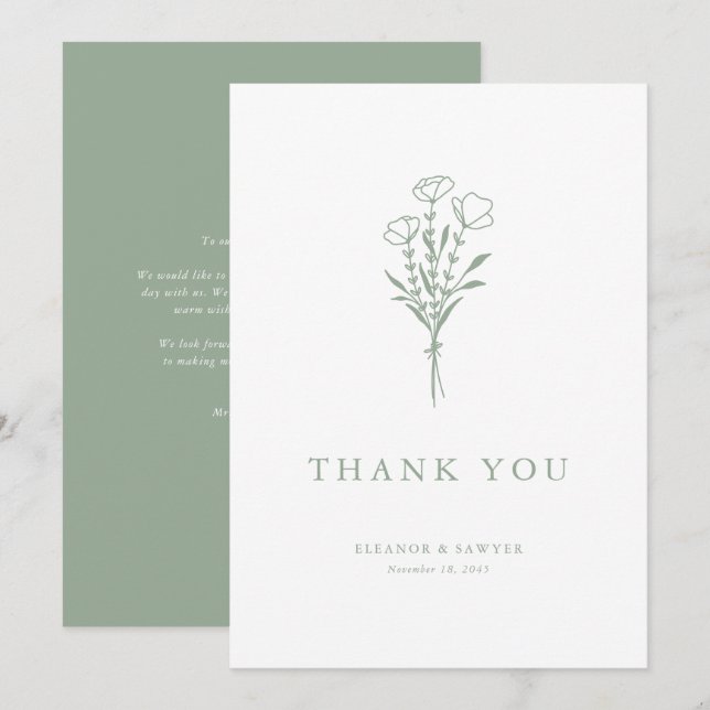 Minimalist Sage Green Floral Bouquet Wedding Thank You Card (Front/Back)