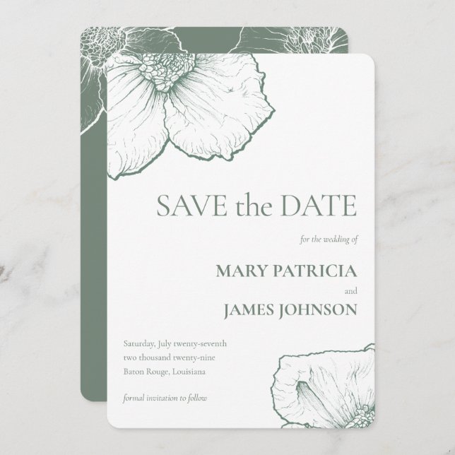 Minimalist Sage Green Floral Modern Wedding Save The Date (Front/Back)