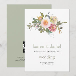 Minimalist Sage Green Floral QR Wedding Save The Date