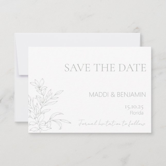Minimalist Sage Green Floral Save the Date Card (Front)