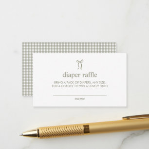 Minimalist Sage Green Gingham Bow Diaper Raffle Enclosure Card