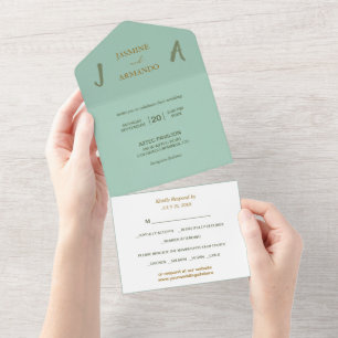 Minimalist Sage Green Gold Photo Wedding All In One Invitation