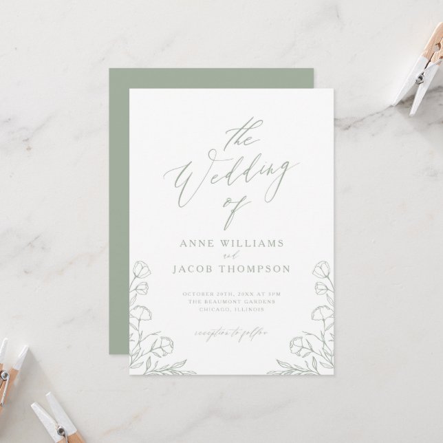 Minimalist Sage Green Greenery Boho Floral Wedding Invitation (Front/Back In Situ)