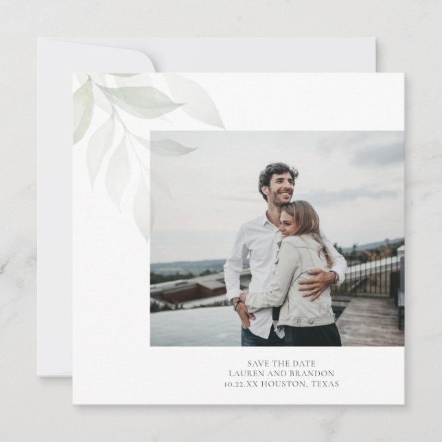 Minimalist Sage Green Greenery Wedding Photo Save The Date (Front)