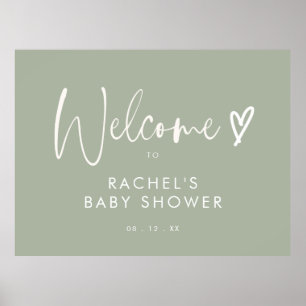 Minimalist Sage Green Heart Baby Shower Welcome Poster
