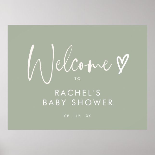 Minimalist Sage Green Heart Baby Shower Welcome Poster (Front)