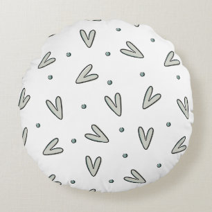 Minimalist Sage Green Hearts & Dots Pattern Round Cushion