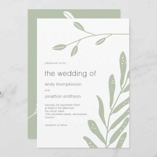 Minimalist Sage Green Leaves Wedding Invitation (Front/Back)