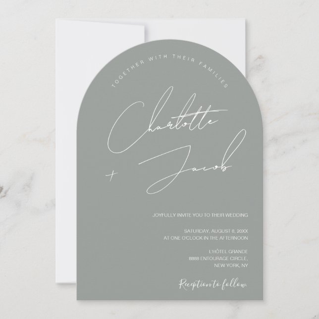 Minimalist Sage Green Modern Script arch Wedding Invitation (Front)