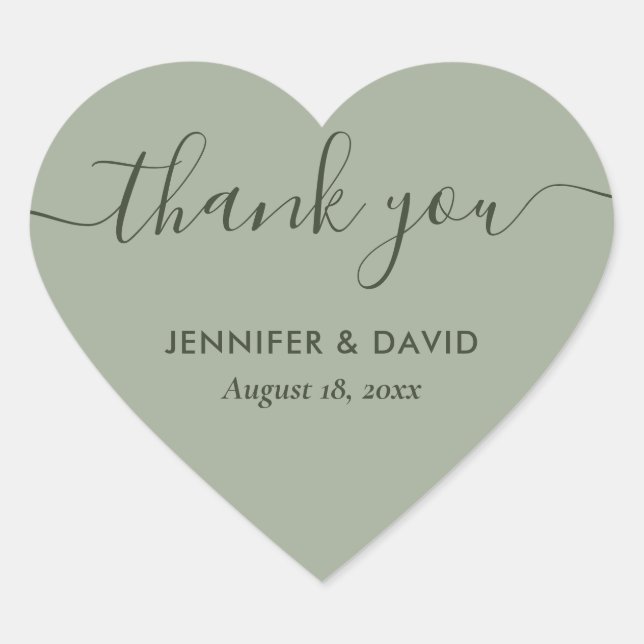 Minimalist Sage Green Modern Script Thank You Heart Sticker (Front)