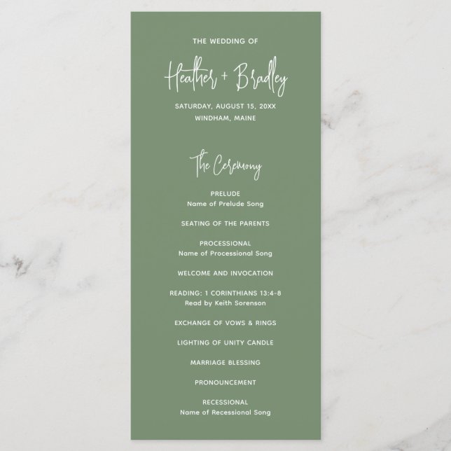 Minimalist Sage Green Modern Wedding Programme (Front)