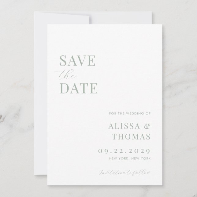 Minimalist Sage Green Modern Wedding Save The Date (Front)