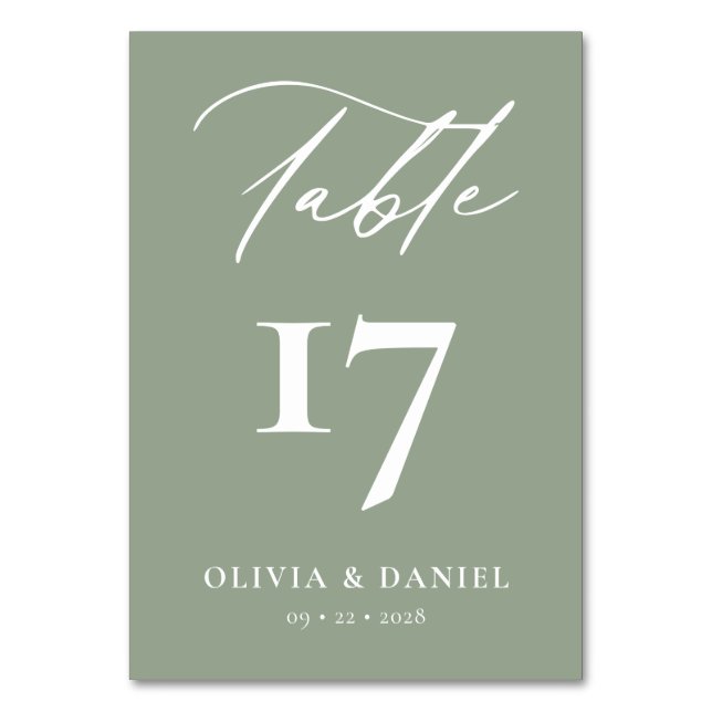 Minimalist Sage Green Modern Wedding Table Number (Front)