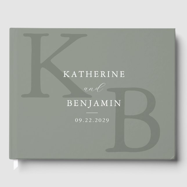 Minimalist Sage Green Monogram Modern Wedding Guest Book (Front)