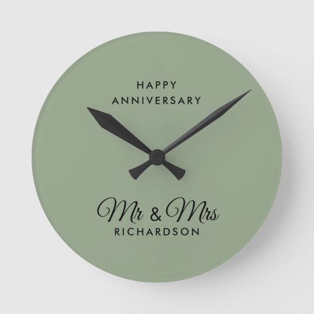 Minimalist Sage Green Mr & Mrs Wedding Anniversary Round Clock (Front)
