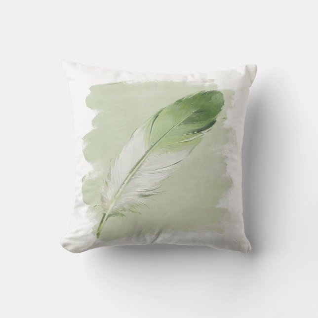 Minimalist Sage Green Paint Stroke Feather Cushion (Front)
