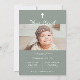 Minimalist sage green photo baptism christening invitation