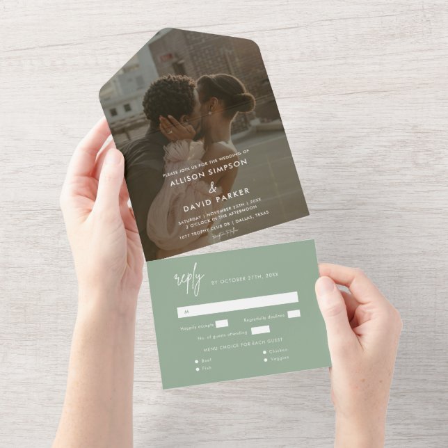 Minimalist Sage Green Photo Unique Wedding All In One Invitation (Tearaway)