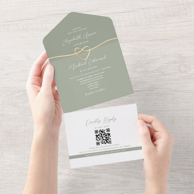 Minimalist Sage Green QR Code Wedding All In One Invitation (Tearaway)