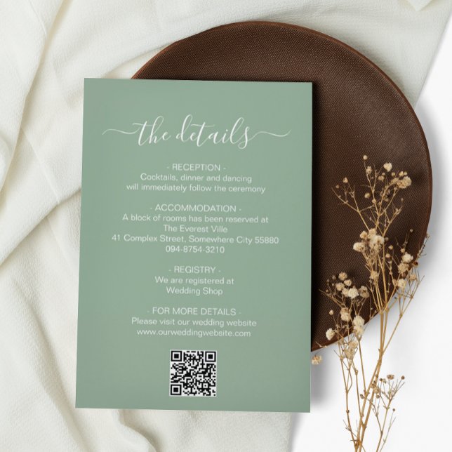 Minimalist Sage Green QR Code Wedding Details Enclosure Card (Creator Uploaded)