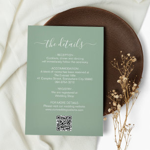 Minimalist Sage Green QR Code Wedding Details Enclosure Card