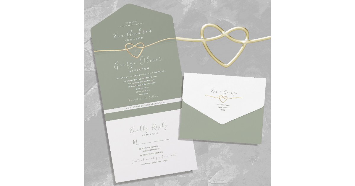 Invitation Cards Using Ropes Minimalist Sage Green Rope Heart Wedding All In One Invitation | Zazzle