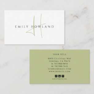 Minimalist Sage Green Script Monogram Name Business Card