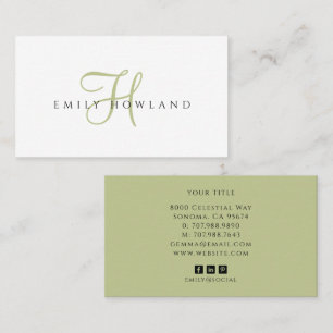 Minimalist Sage Green Script Monogram Name Business Card