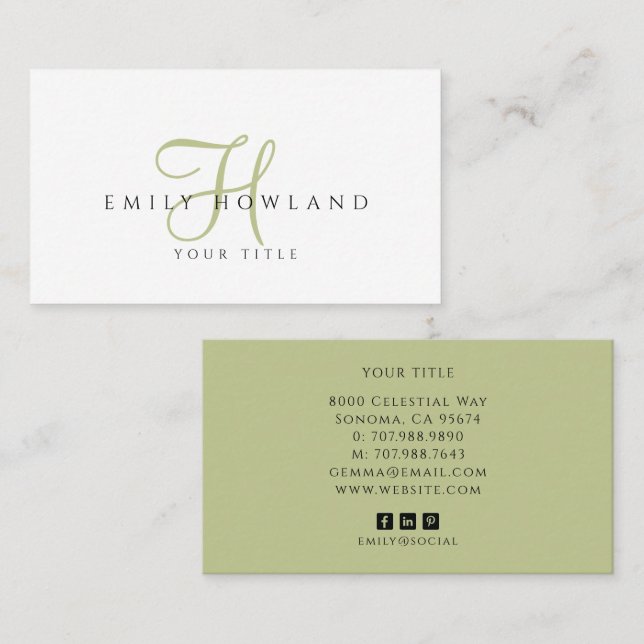 Minimalist Sage Green Script Monogram Name  Business Card (Front/Back)
