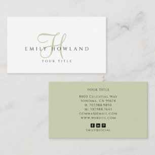 Minimalist Sage Green Script Monogram Name Business Card