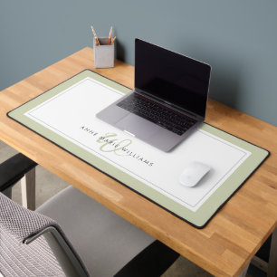 Minimalist Sage Green Script Two Border Monogram Desk Mat