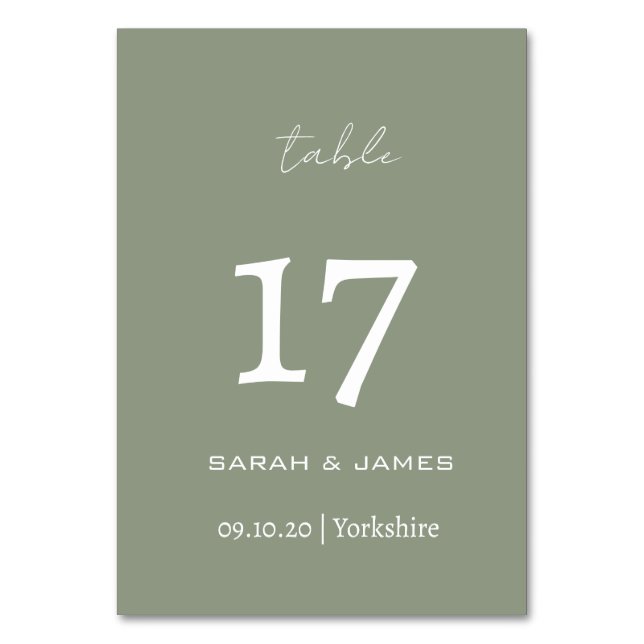 Minimalist Sage Green Script Wedding Custom  Table Number (Front)