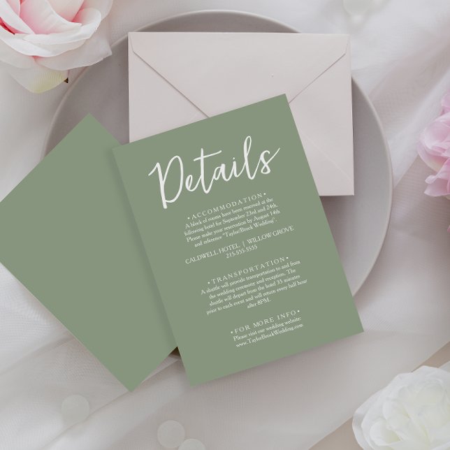Minimalist Sage Green Script Wedding Details  Enclosure Card (Creator Uploaded)