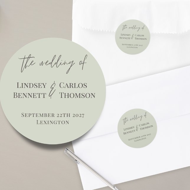 Minimalist sage green The wedding of - names Classic Round Sticker (Creator Uploaded)