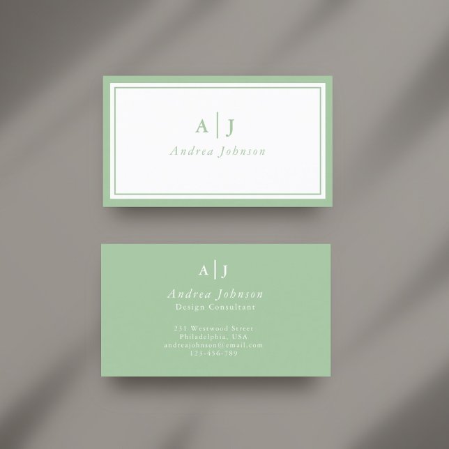 Minimalist Sage Green Two Border Monogram Business Card (Creator Uploaded)