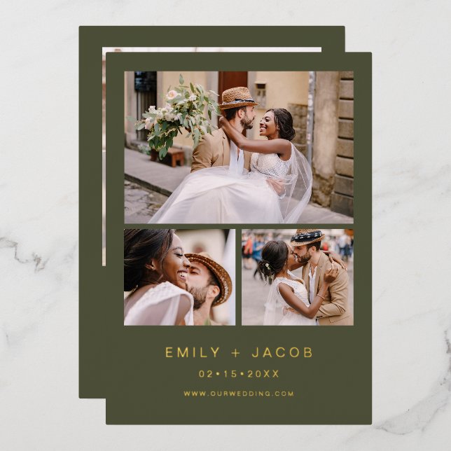 Minimalist Sage Green Wedding Four Photo Gold Foil (Front/Back)