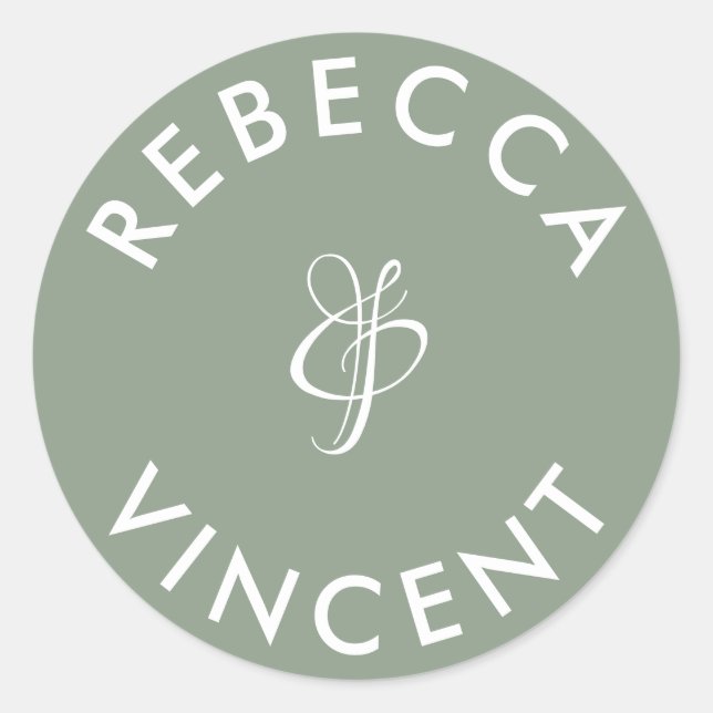 Minimalist Sage Green Wedding Personalised Names Classic Round Sticker (Front)