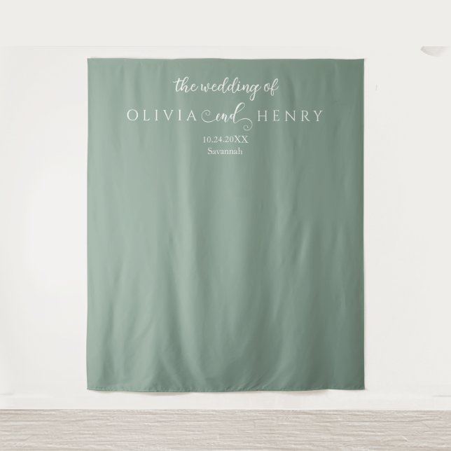 Minimalist Sage Green Wedding Photo Backdrop Tapestry (Front)