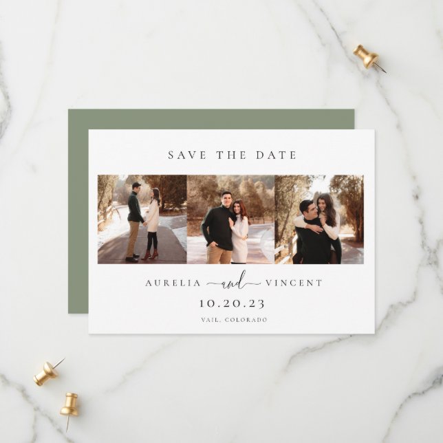 Minimalist Sage Green Wedding Photo Save The Date (Front/Back In Situ)